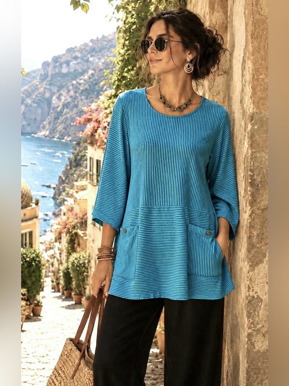 MILL VALLEY LINEN BLEND LAGENLOOK DOLMAN TUNIC TEAL STRIPE POCKETS M {FITS L/XL}